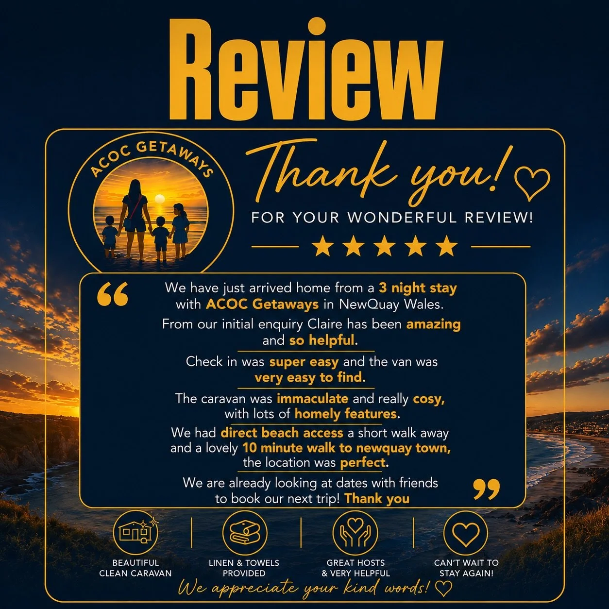 A review thank you message from AOC Getaways, featuring a sunset beach scene with a woman and three children holding hands. The review mentions a 3-night stay in Newquay, Wales, highlighting the helpfulness, ease of check-in, cleanliness, cozy featur