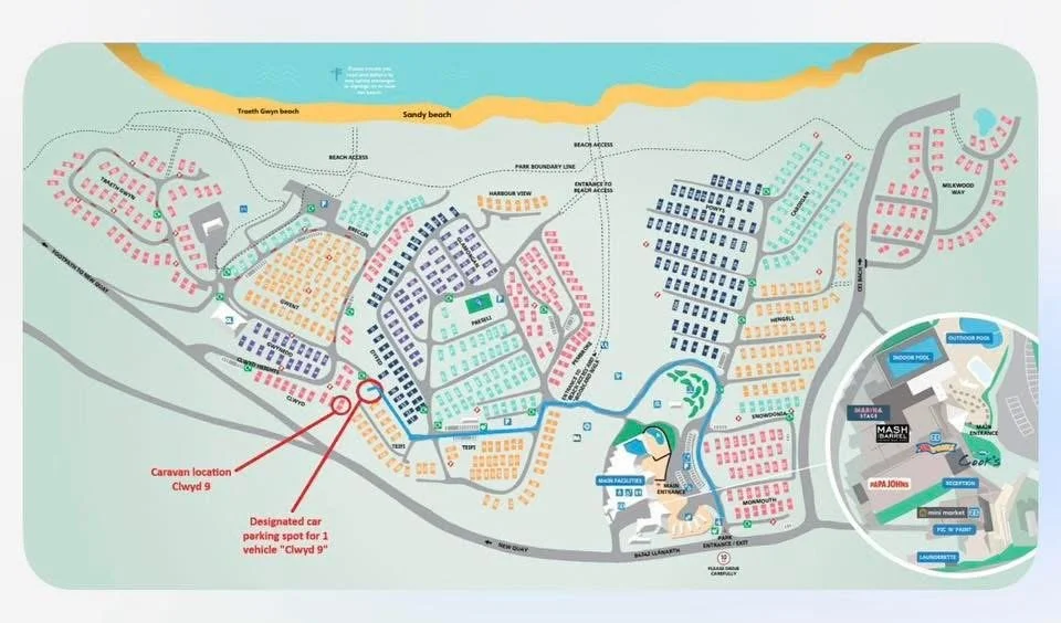 Map of a coastal holiday park with various sections for caravans, camping, pools, and facilities, including a designated car parking spot and caravan location labeled for Clwyd 9.