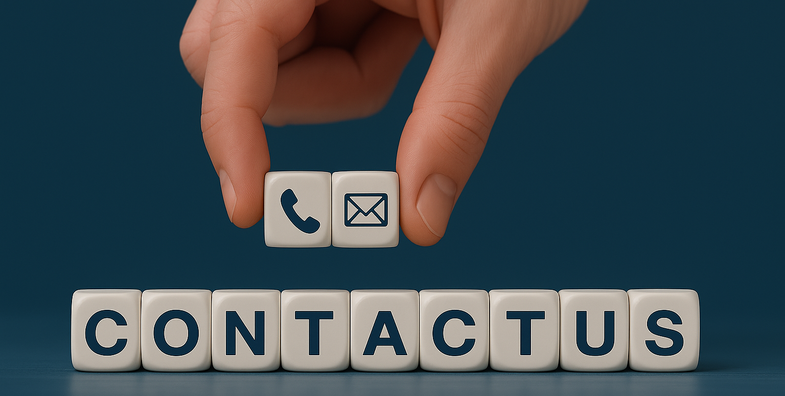 A hand placing two blocks with phone and email icons above alphabet blocks spelling 'CONTACTUS'