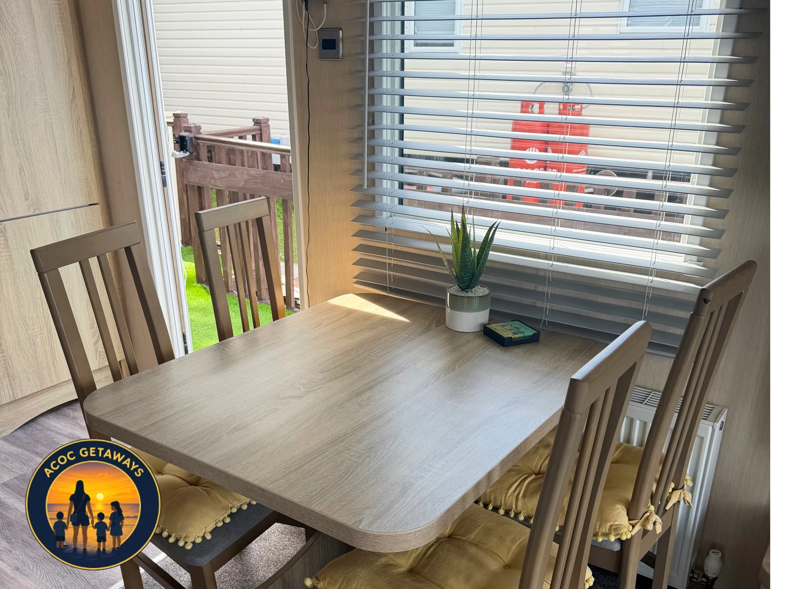 A dining table with a potted cactus plant, there are chairs around the table, and a window with blinds behind it, revealing a backyard with a wooden fence and a red propane tank outside.