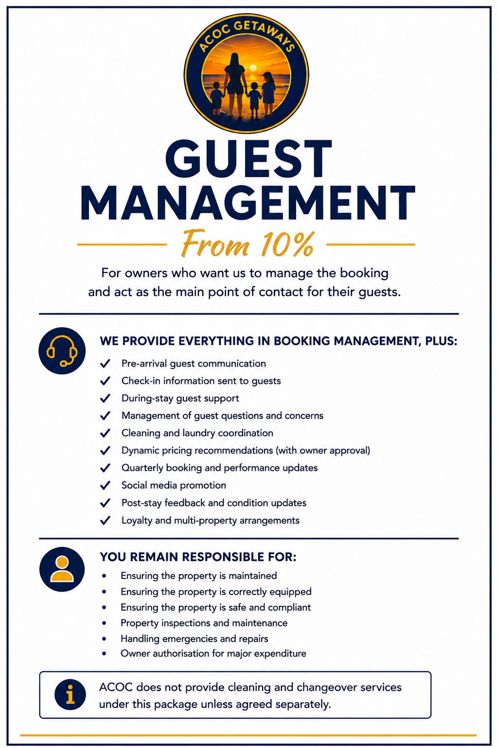 Flyer for ACCOC Getaways offering guest management services from 10% to property owners, detailing what is included and responsibilities of owners, with icons and a sunset background logo.
