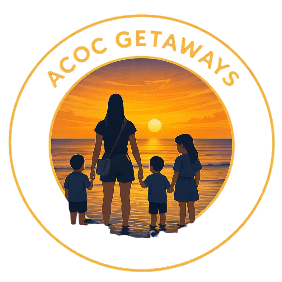 Silhouette of a woman holding hands with three children on a beach at sunset with the text 'ACOC GETAWAYS' at the top.