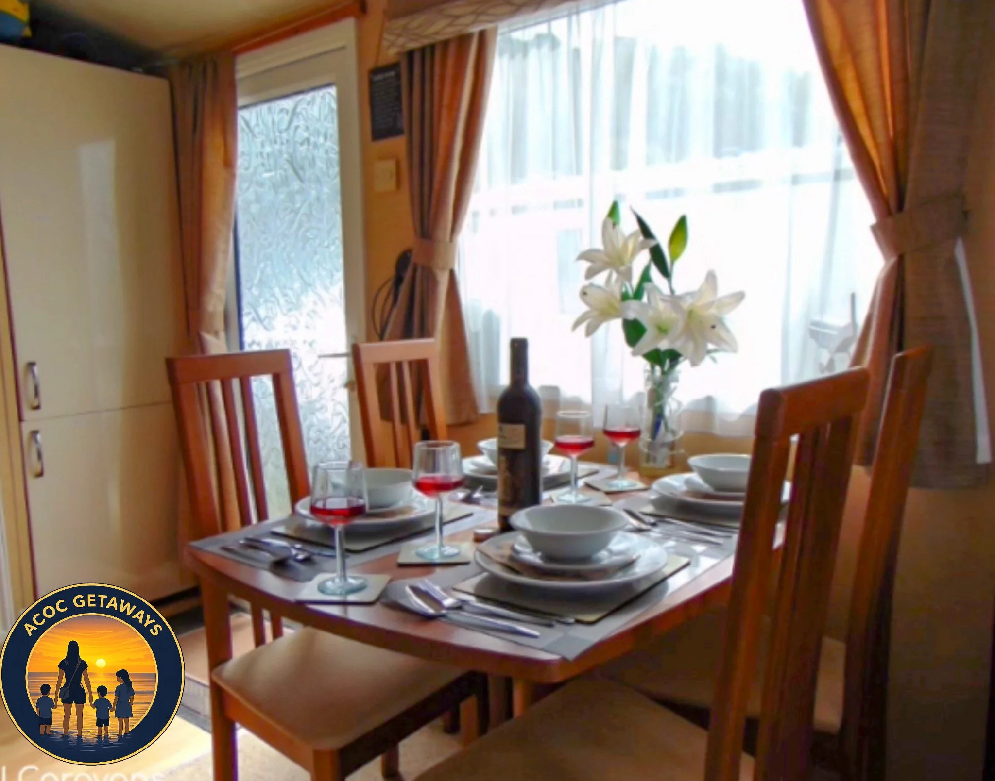 A dining table set for six with white bowls, wine glasses filled with red wine, silverware, and a bottle of red wine. A vase with white lilies is in front of a window with sheer curtains, and a wooden cabinet is visible on the left. There are orange 