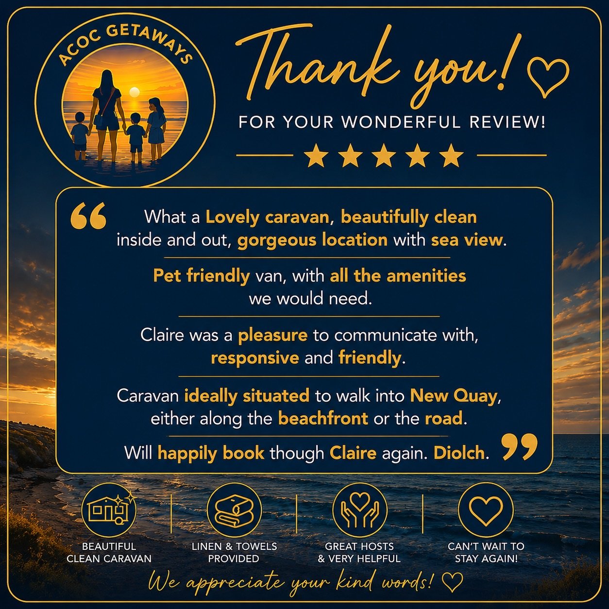 A thank you message from ACOC Getaways for a positive review, featuring a sunset at the beach with a family silhouette inside a circular logo, golden star ratings, and icons representing a clean caravan, linens and towels, helpful hosts, and a desire