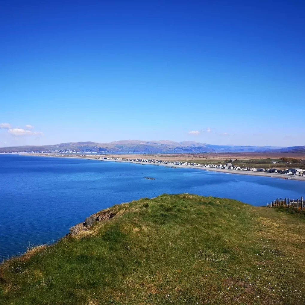 View of a coastal landscape with blue ocean, green grassy foreground, and a distant shoreline with houses and hills under a clear blue sky.