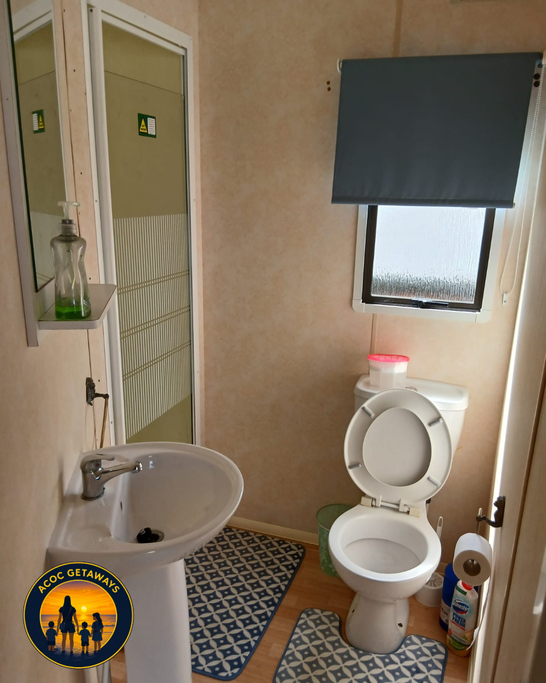 A small bathroom with a pedestal sink, a toilet, and a window with a black shade. There is a mirror above the sink, a soap dispenser, and cleaning supplies near the toilet. The floor has a patterned rug.