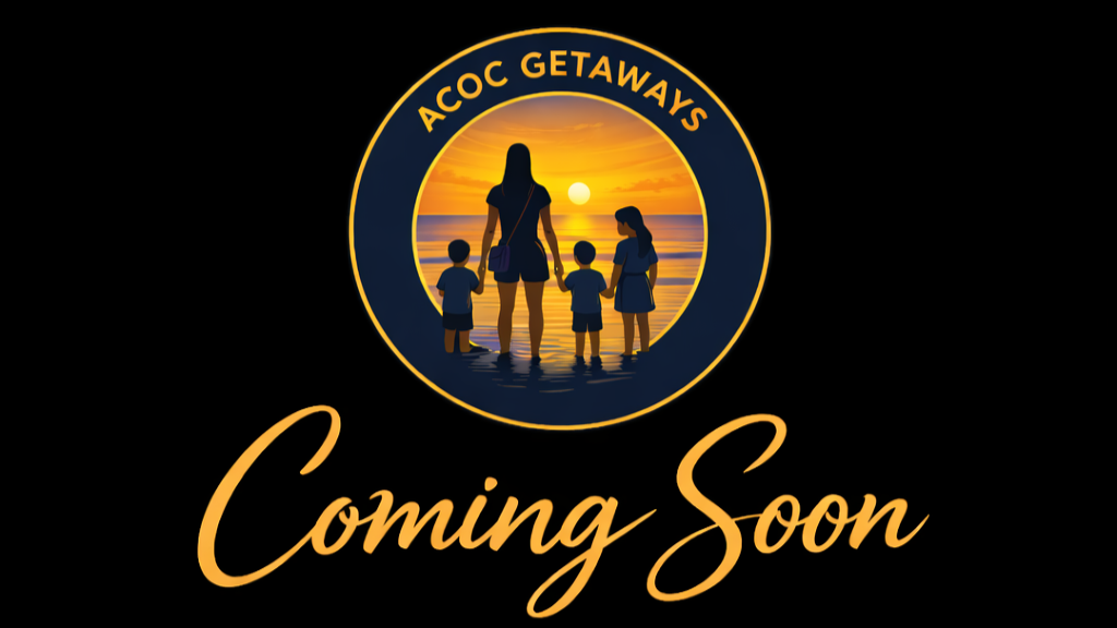 A logo for ACCC Getaways featuring a silhouette of a woman and three children at the beach during sunset, with the text "Coming Soon" below.