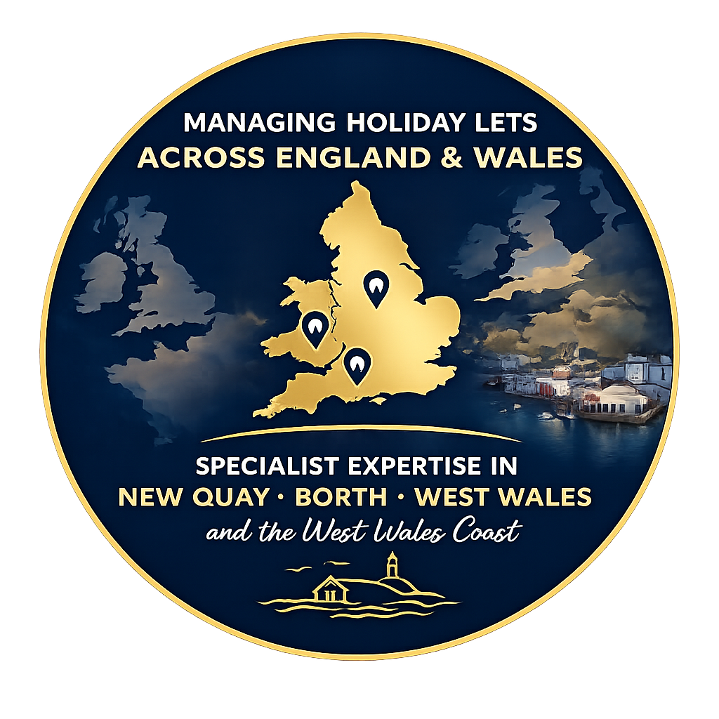 Circular emblem with a map of England and Wales, location pins, a coastal scene with boats, and text about holiday management and West Wales expertise.