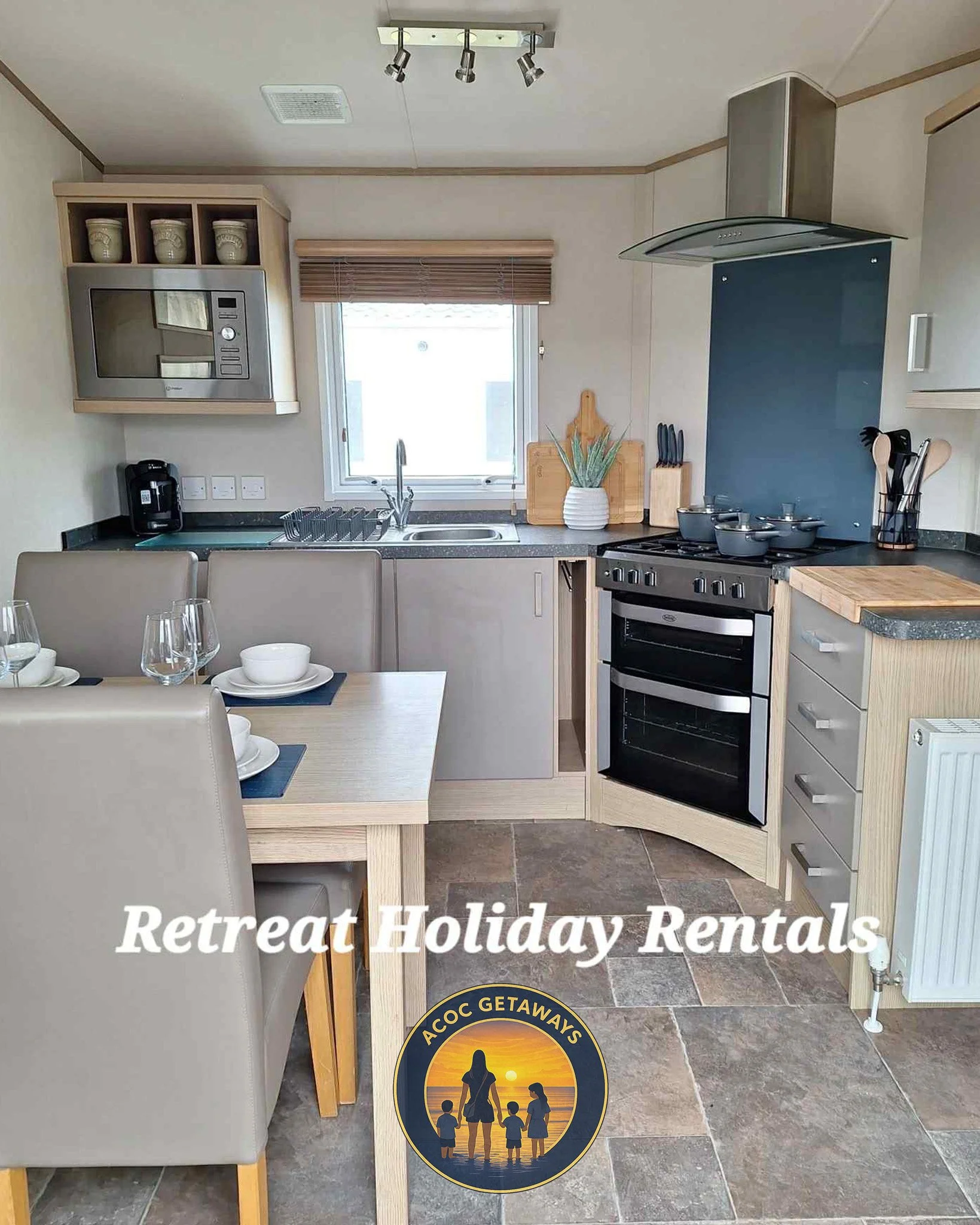 Kitchen with table set with wine glasses and dishes, stove, microwave, sink, and window with blinds, decorated with plants and kitchen utensils, promotion for retreat holiday rentals by ACCOC Getaways.