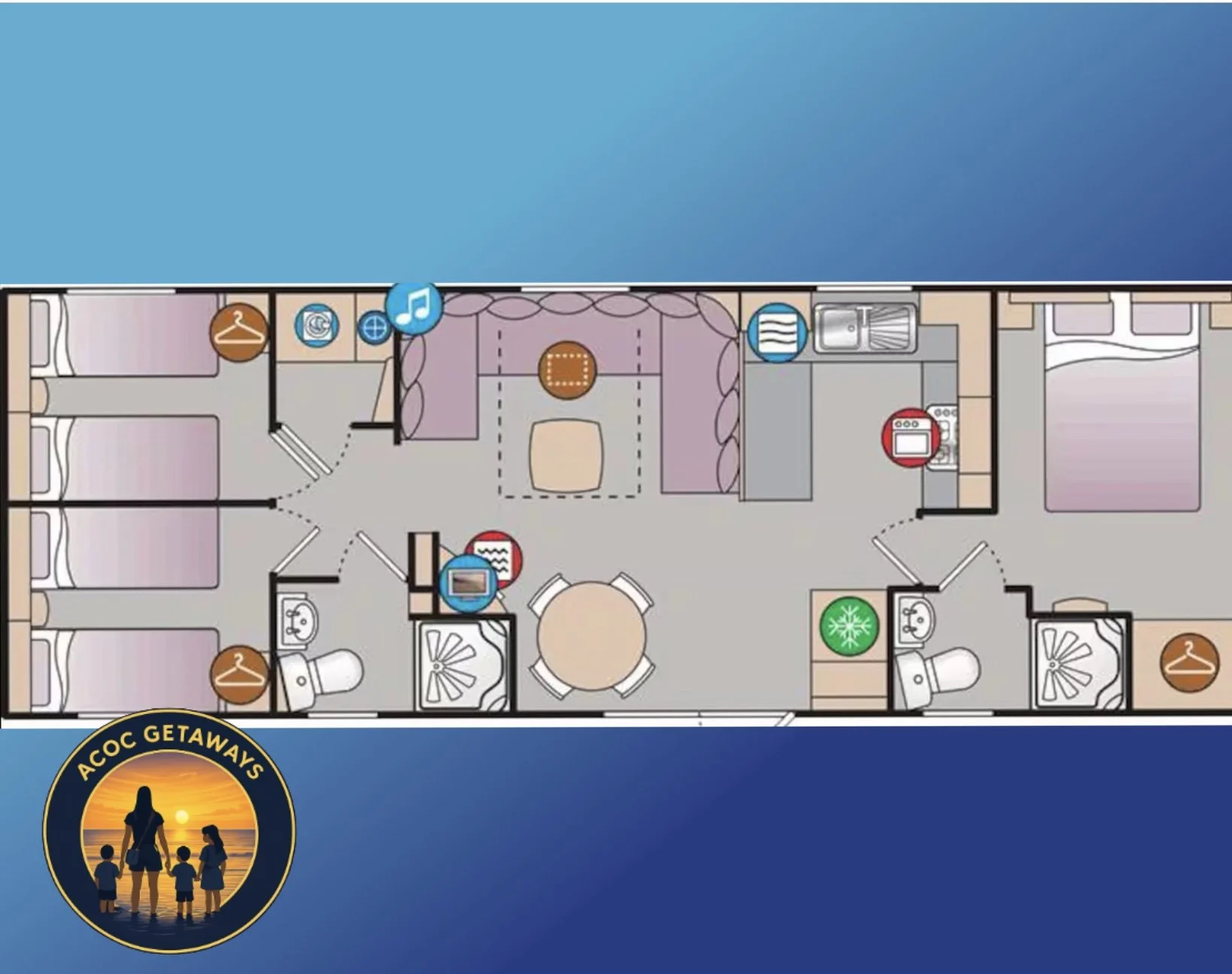 Floor plan of a mobile home with two bedrooms, a living room, kitchen, two bathrooms, a dining area, and various symbols indicating amenities such as laundry, music, and heating.