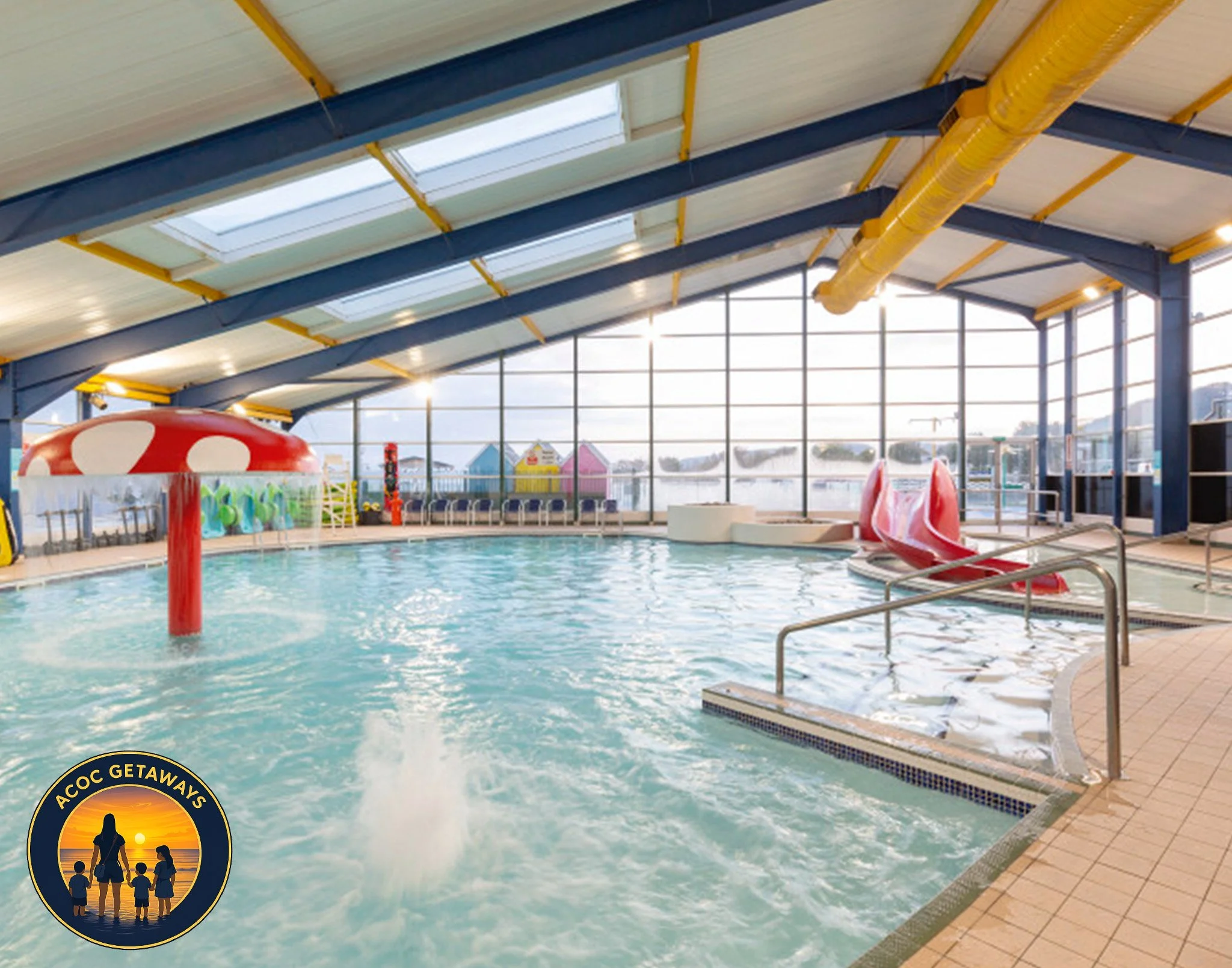 Indoor swimming pool with water slide and mushroom-shaped fountain, large windows showing outdoor water park, and a logo of ACoc Getaways in the bottom left corner.