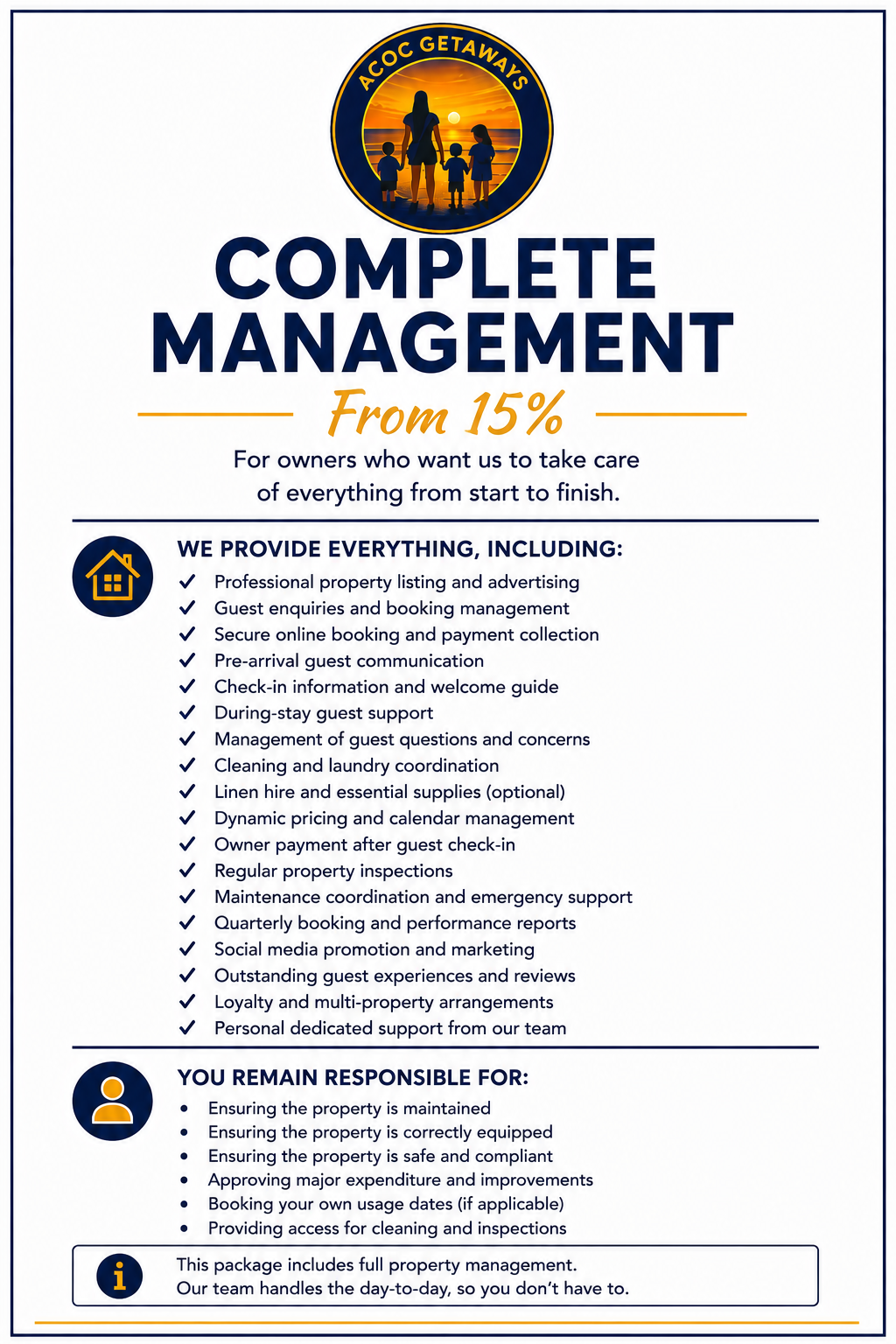 Property management advertisement offering complete management services starting from 15%, including property listing, guest management, online booking, inspections, and support, with a logo at the top showing a sunset and family silhouette.