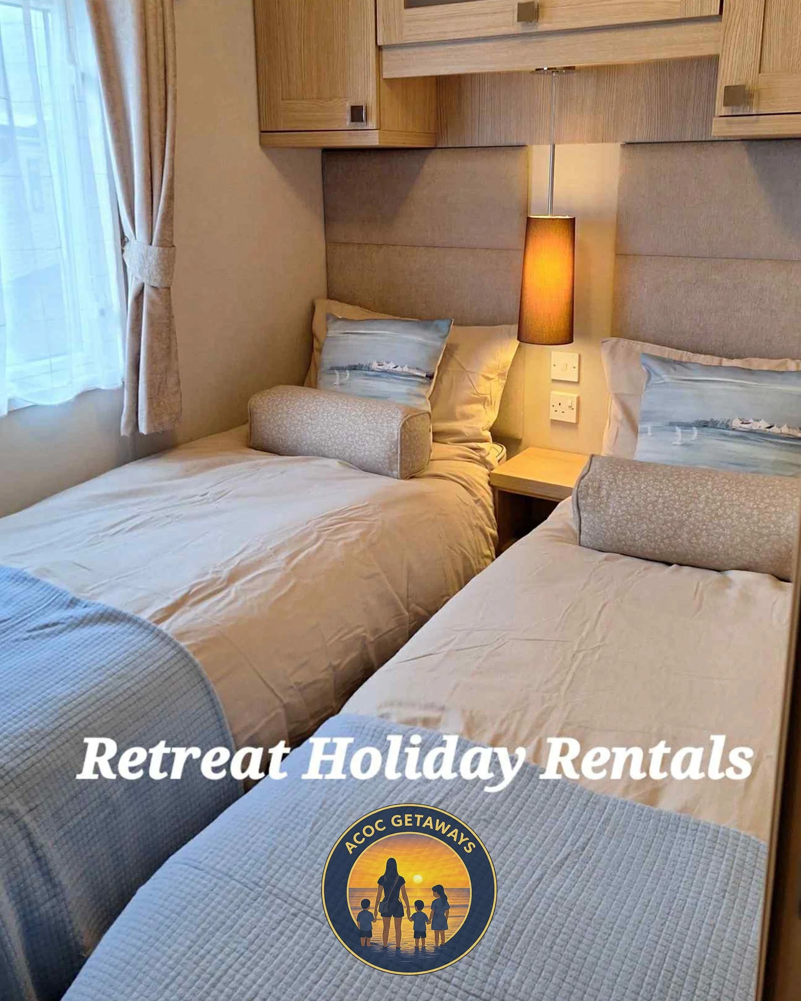 Two single beds in a hotel room with wooden headboards, pillows, and bed runners. There is a nightstand with a lamp between the beds. A window with curtains is on the left side, allowing natural light into the room. Overlaid text reads 'Retreat Holiday Rentals' with a logo of a family at sunset.