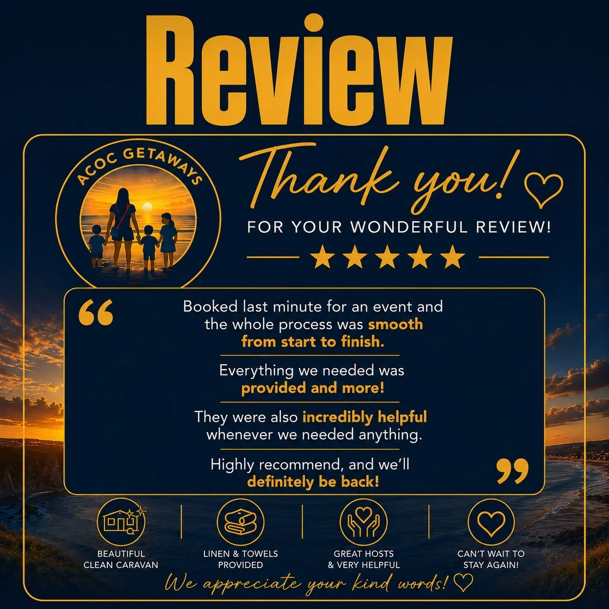 A review thank you poster for a service called ACoc Getaways featuring a sunset illustration of a woman and two children walking on the beach, with customer feedback praising smooth booking, provided amenities, helpful staff, and recommending the ser