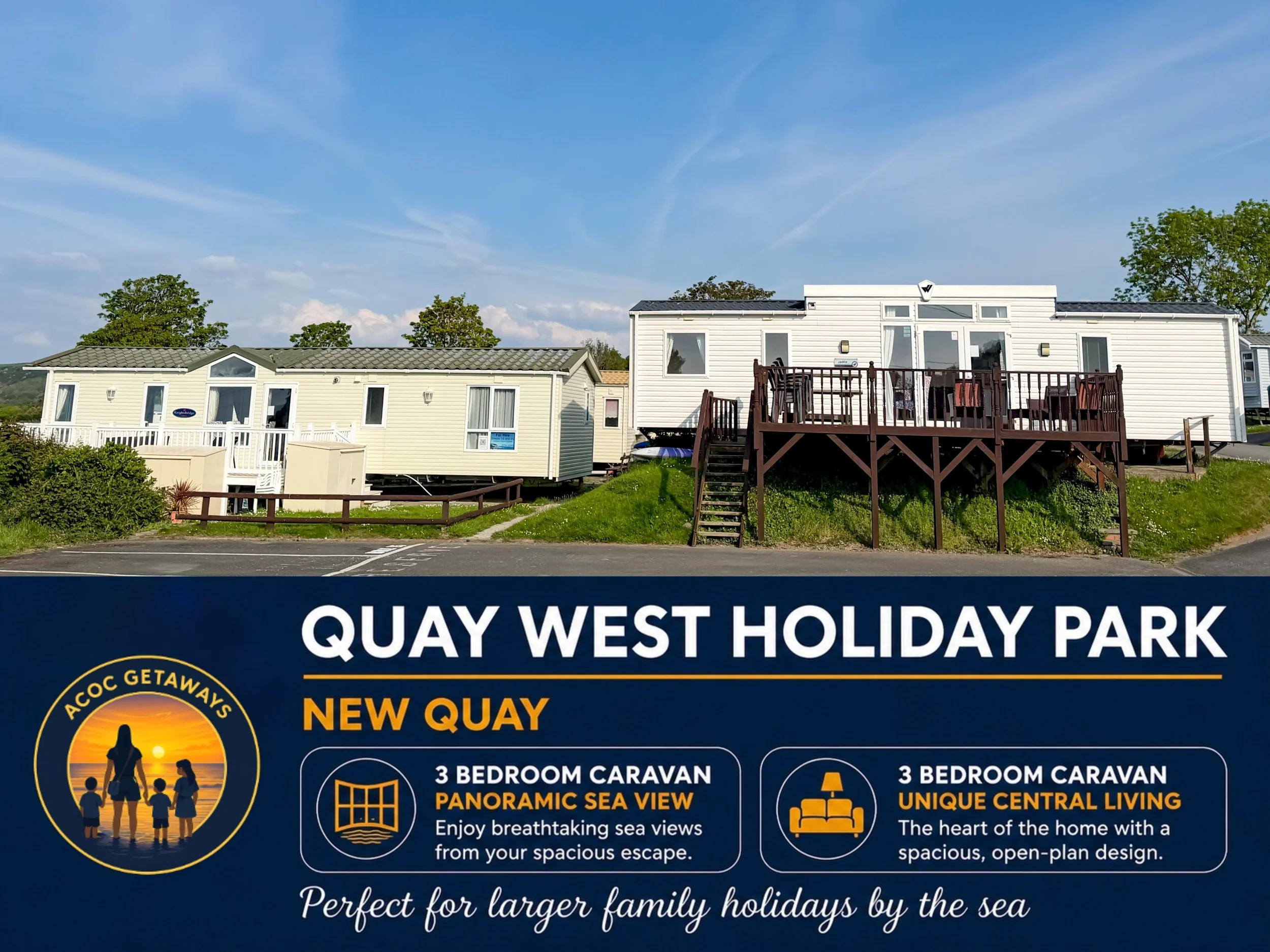 Photo of two white mobile homes with a blue sky and green trees in the background, and an advertisement for Quay West Holiday Park.