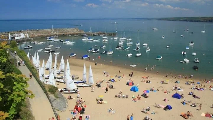Beach scene with many sailboats anchored near the shore, people sunbathing and playing on the sand, colorful umbrellas, and a clear blue sky with a few clouds.