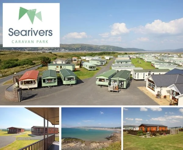 aerial view of Searivers Caravan Park with rows of green and white caravans, scenic coastline and mountains in the background, and additional pictures of a cabin, beach, and lodge.