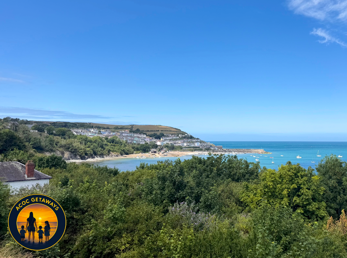 Scenic view of a coastal town with houses on the hillside, lush green trees, sandy beach, and calm blue ocean with boats under a clear blue sky.