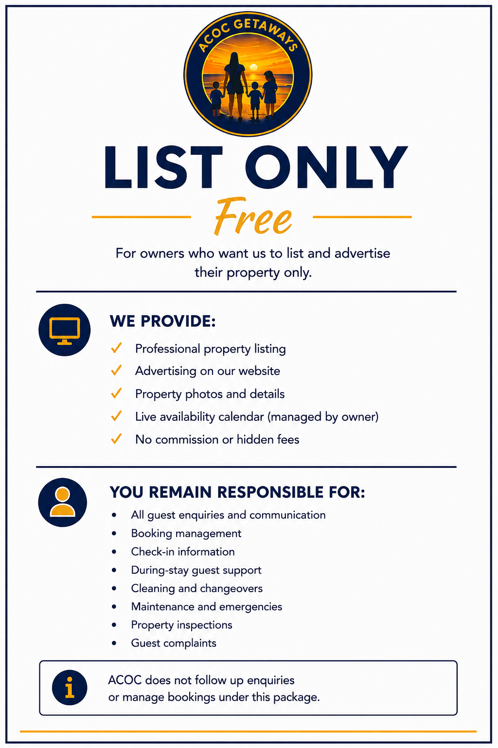 A pamphlet advertising a free property listing service by ACCOC Getaways, featuring a logo with a sunset and family, and details about what they provide and responsibilities of owners.