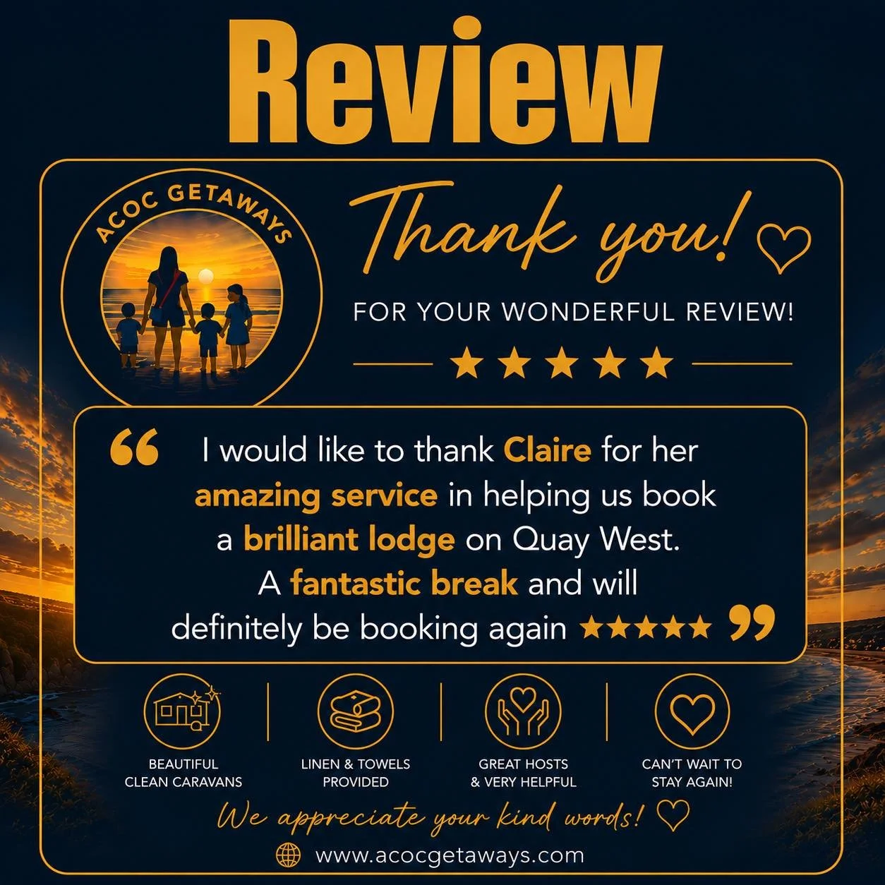 A digital review card with a sunset scene of a woman and three children holding hands on a beach, with the words 'Review' and 'Thank you!' at the top. Includes a quote praising Claire for her service, five gold stars, and icons representing caravans,