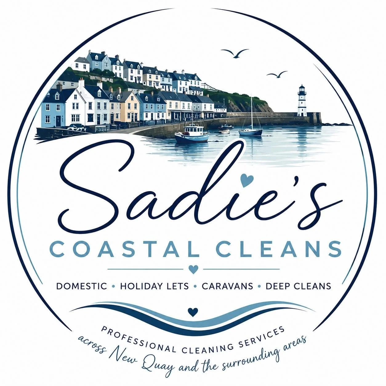 Logo for Sadie's Coastal Cleans featuring a harbor scene with houses, boats, and a lighthouse, with text advertising cleaning services across New Quay and surrounding areas.