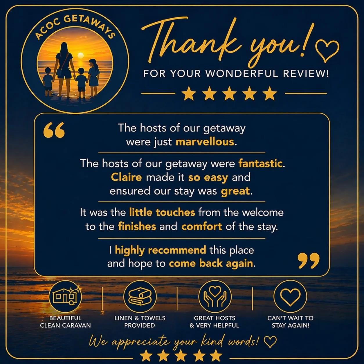 Thank you message for a review on a travel website, featuring a sunset over the ocean. The message highlights positive comments about the hosts and stay, with icons at the bottom representing a caravan, linen and towels, great hosts, and repeat visit