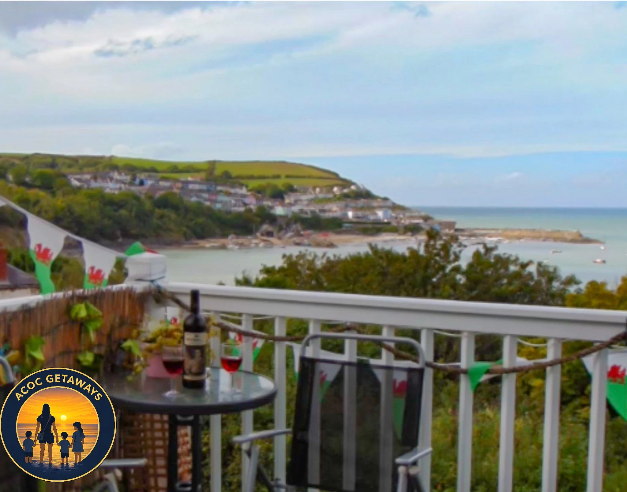 A balcony overlooking a coastal town with green hills, a bay, and boats on the water, decorated with festive banners and a table with wine and glasses.