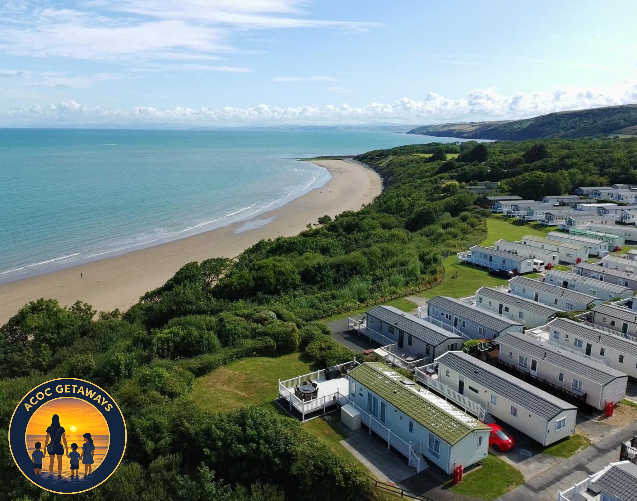 Aerial view of a beach with a curved shoreline, turquoise water, and a row of white holiday cabins surrounded by greenery and hills in the background.