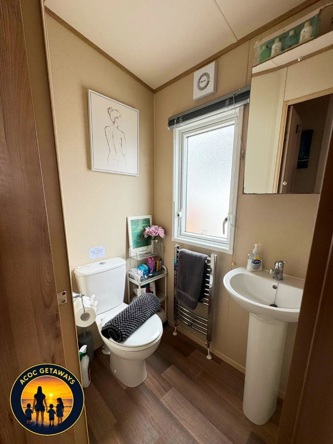 Small bathroom with a white toilet, a small white sink, a frosted window, a wall mirror, a towel rack with gray towel, a vase with pink flowers, a small shelf with toiletries, and wall art of a woman's back sketch.