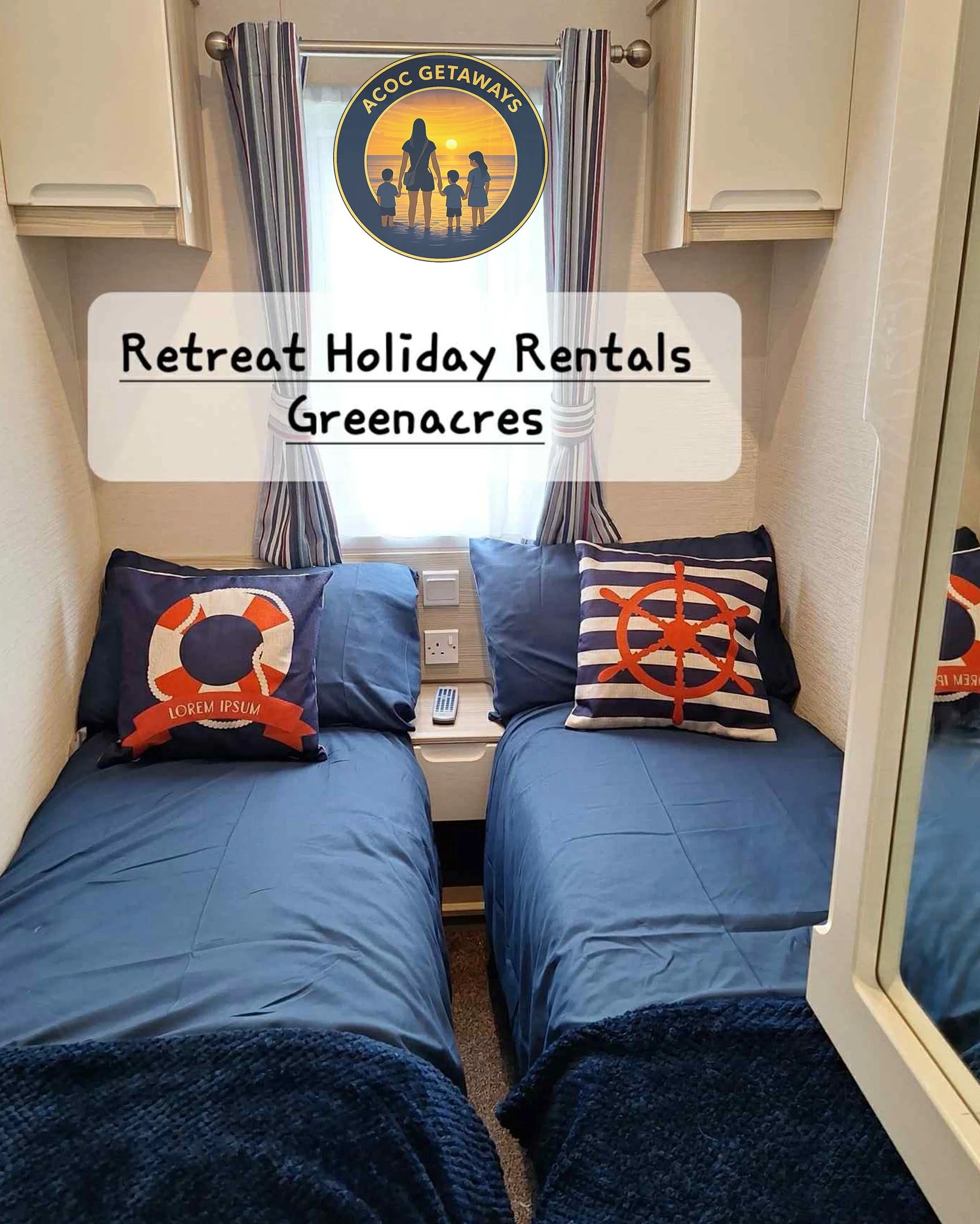 Two twin beds with blue bedding and nautical themed pillows, a window with striped curtains, and a wall with a logo for ACCOC Getaways.