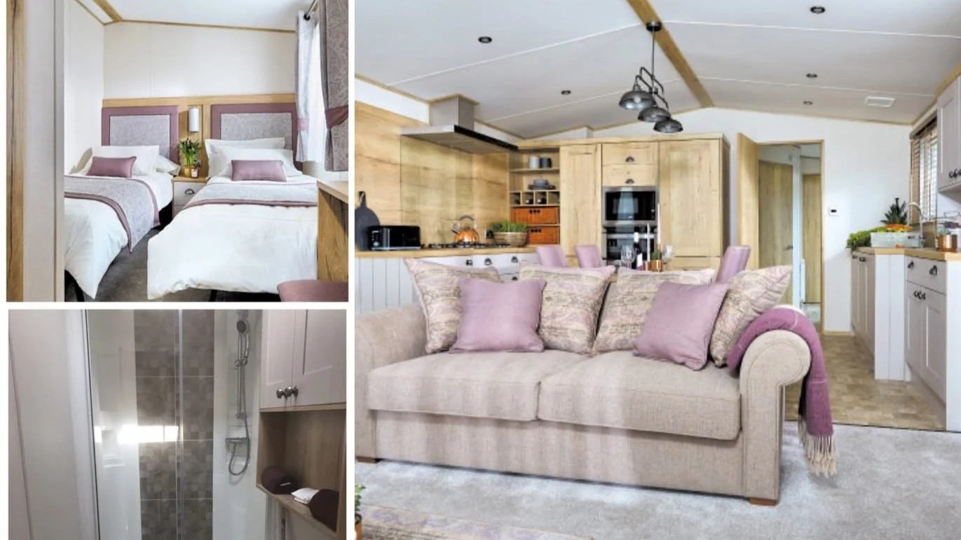 Collage of interior rooms of a vacation rental or cabin, including a bedroom with two beds, a kitchen with a dining area, a sofa with cushions, and a bathroom with a shower.