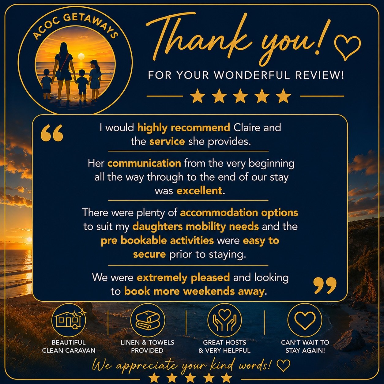 A thank-you message from ACCC Getaways, featuring a sunset silhouette of a woman with three children on a beach, stars, and icons representing a clean caravan, linen and towels, helpful hosts, and staying again, all on a sunset background.