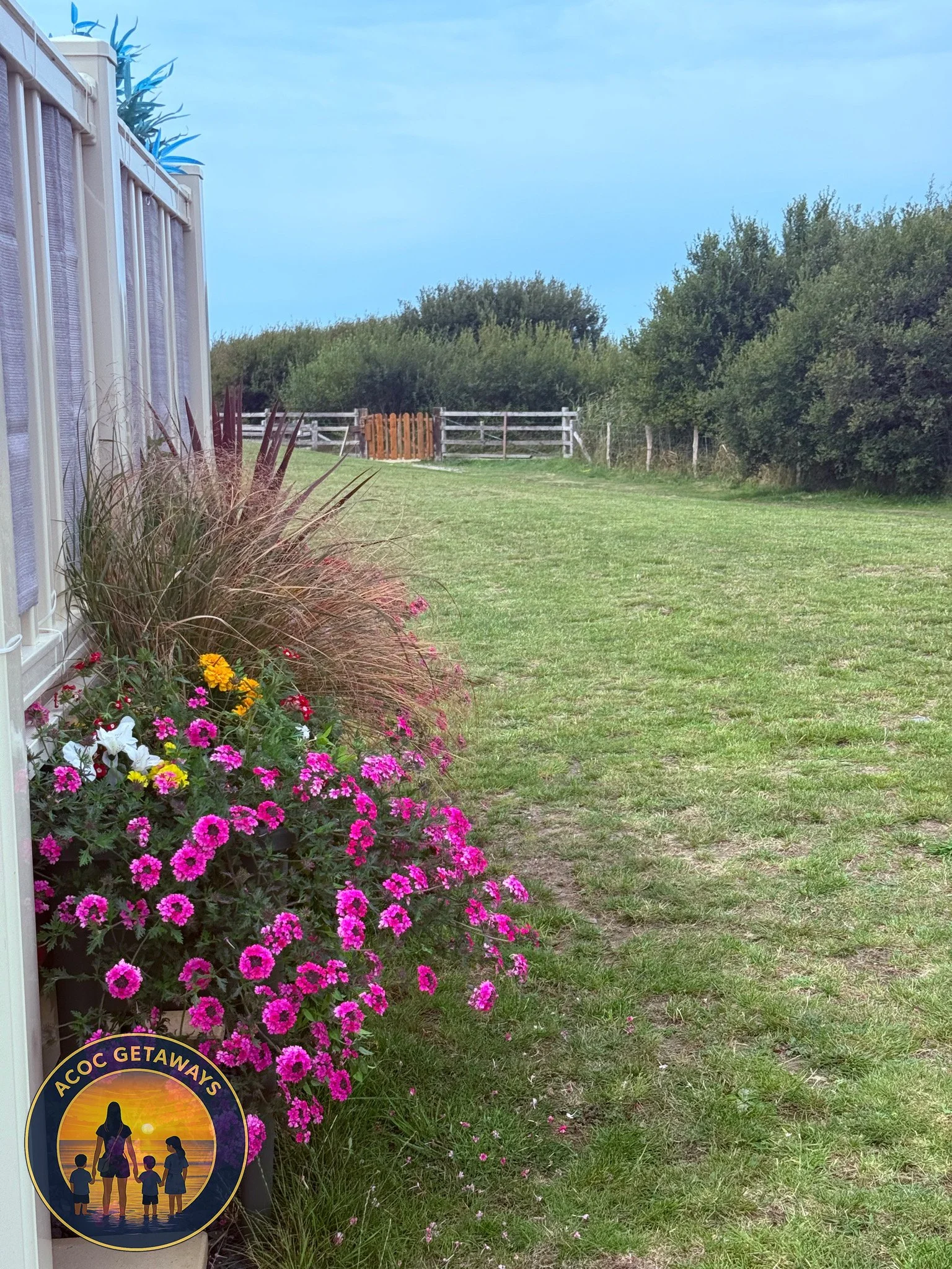 A garden with pink and yellow flowers along a house wall, a green lawn, trees in the background, and a blue sky.