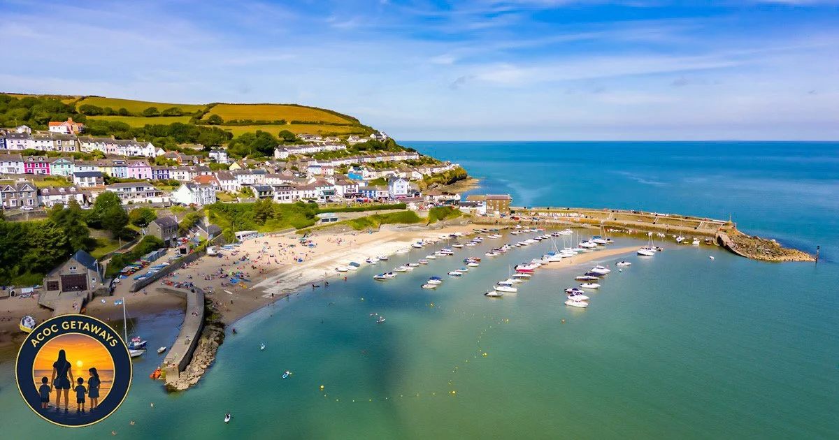 Aerial view of a coastal town with a beach, boats in a harbor, and hillside houses, under a blue sky.
