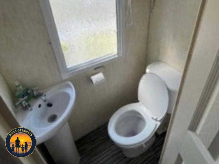 A small bathroom with a toilet and a sink, located next to a window with frosted glass.