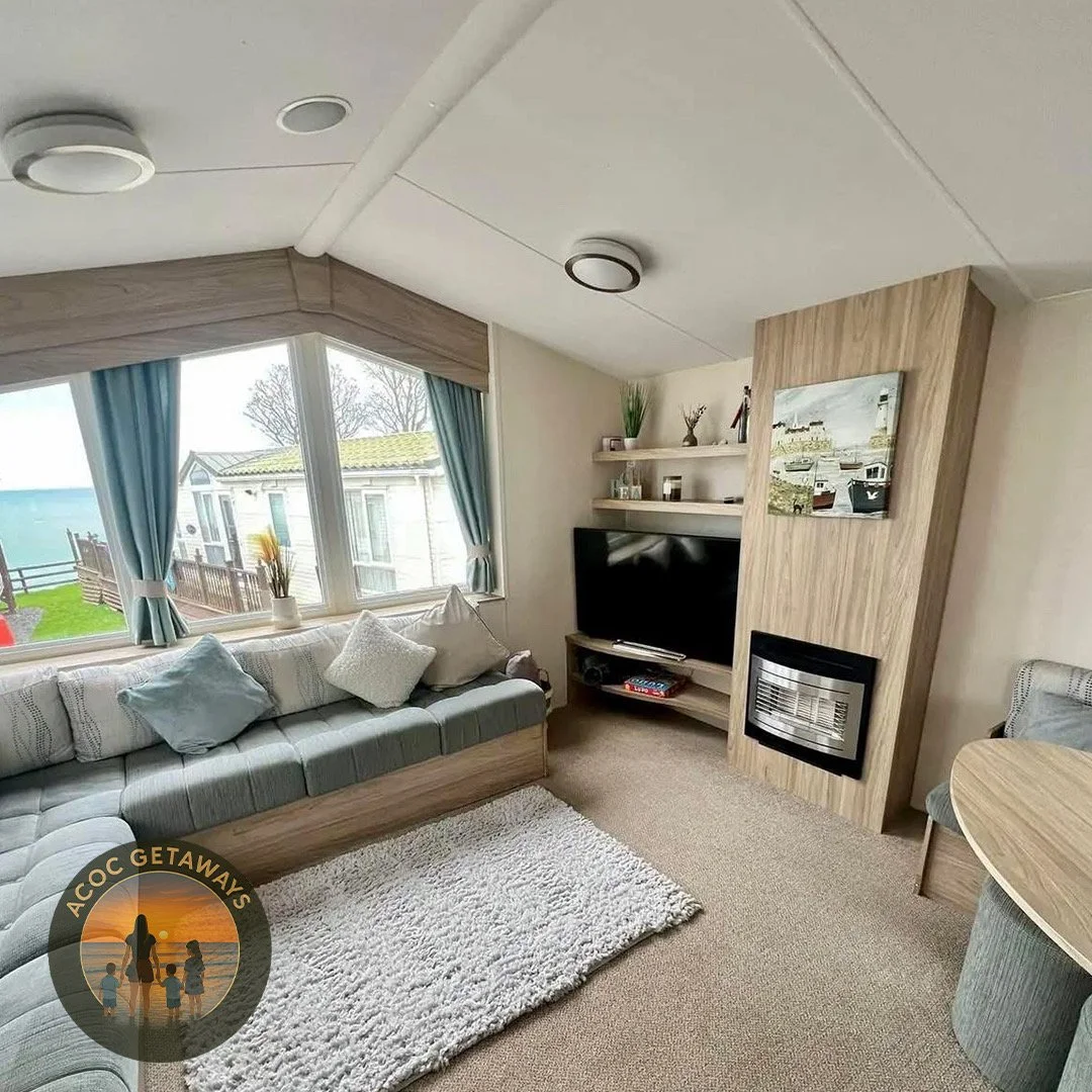 Cozy living room with a large window, sofa with pillows, a television, shelves, a fireplace, and a rug.