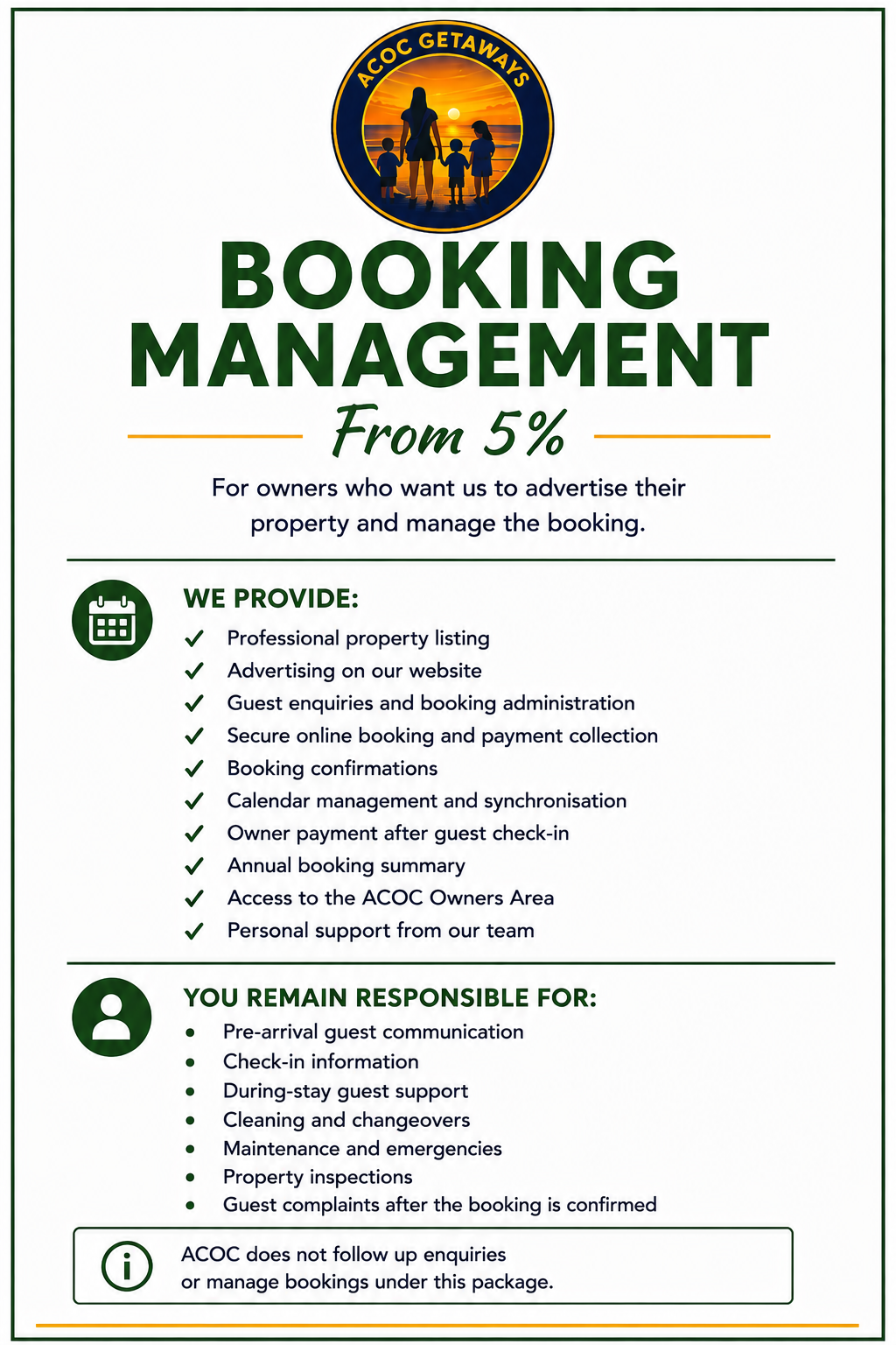 An informational flyer for ACoc Getaways advertising booking management services starting at 5%, with a logo at the top featuring silhouettes of a family watching a sunset. The flyer lists services provided and responsibilities of guests.
