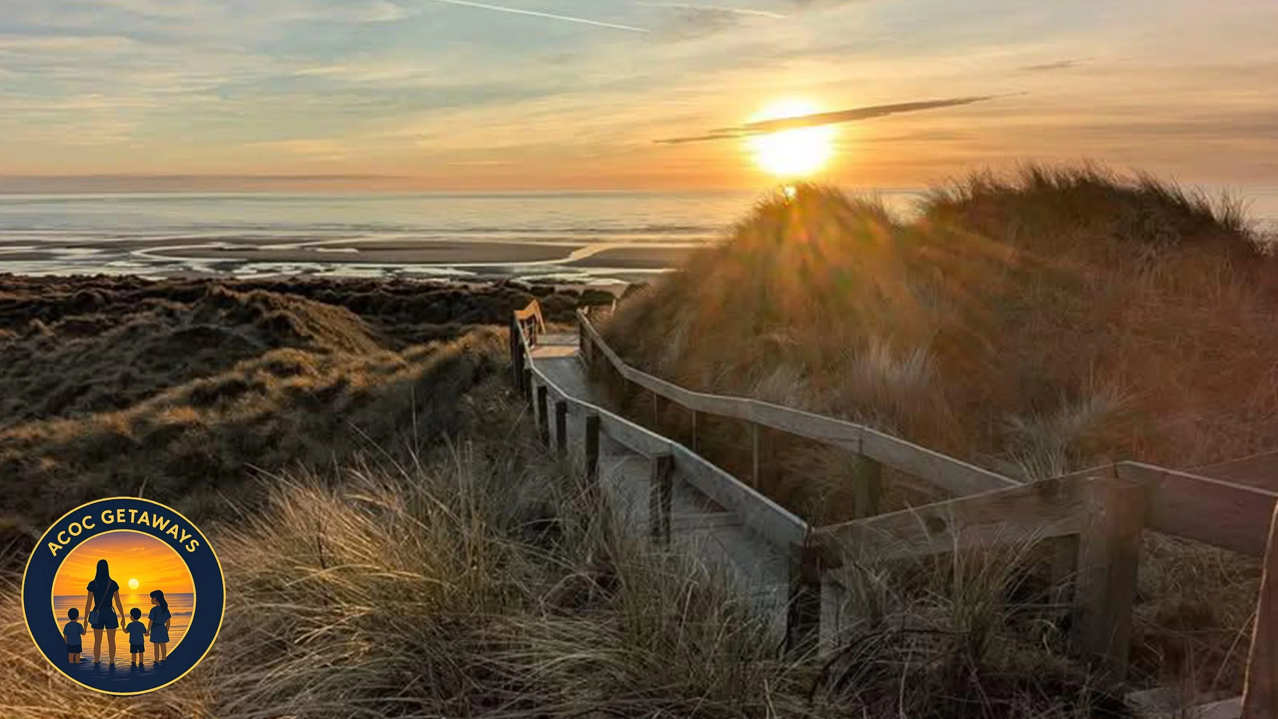 Sunset over a beach with sand dunes and a wooden pathway leading to the shore.