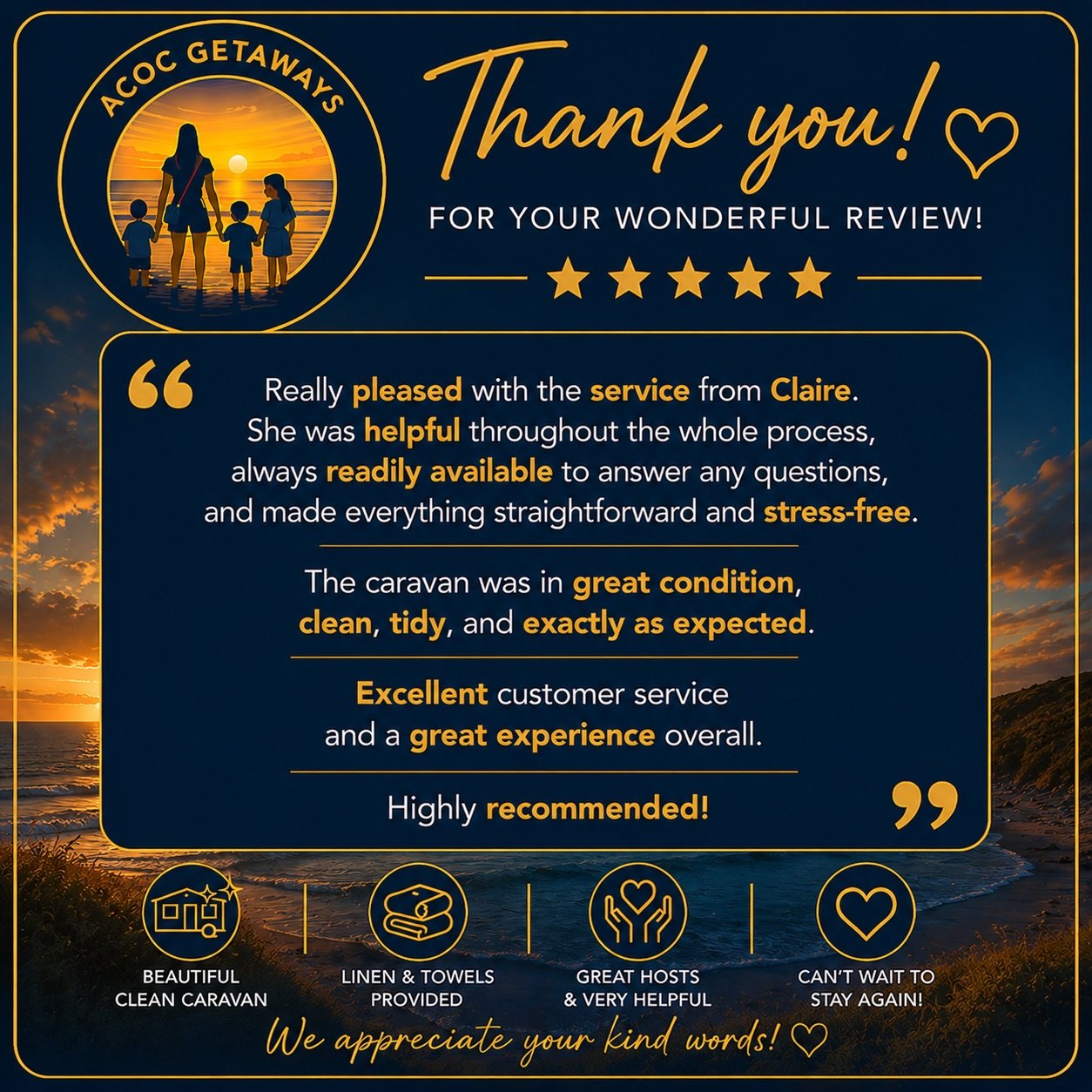 Thank you message and negative review for a caravan rental company with a sunset beach scene and icons representing a clean caravan, linen and towels, helpful hosts, and customer satisfaction.