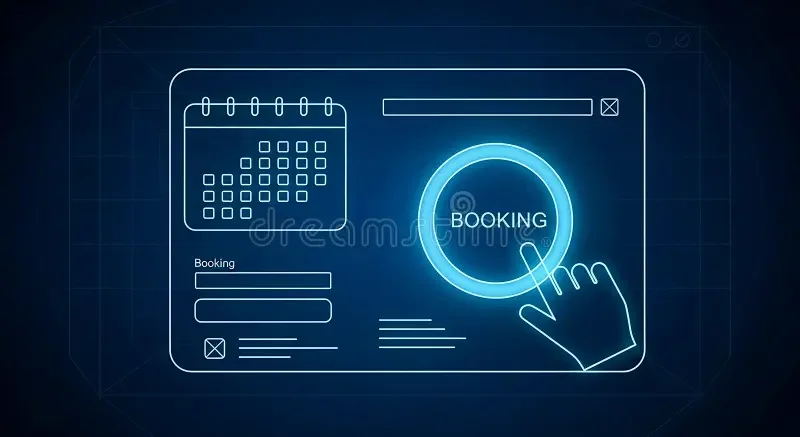 Digital illustration of an online booking interface with a calendar, booking form, and a large glowing circle labeled 'Booking' being selected by a hand cursor.