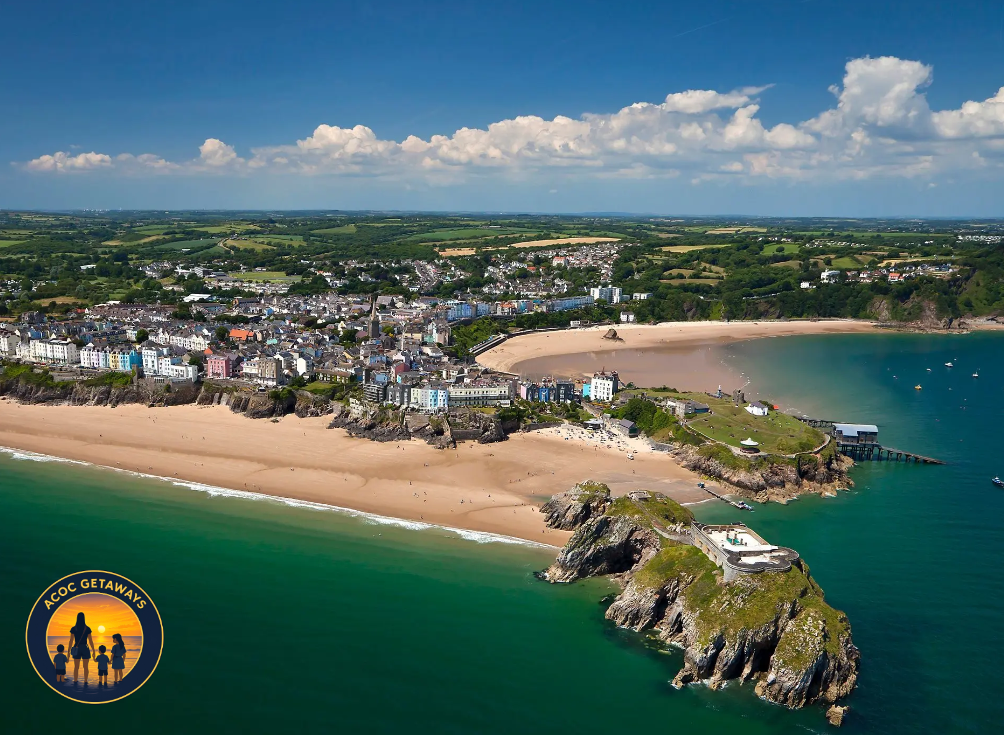 Aerial view of a coastal town with colorful buildings along a sandy beach, cliffs, and a green landscape under a blue sky with scattered clouds.