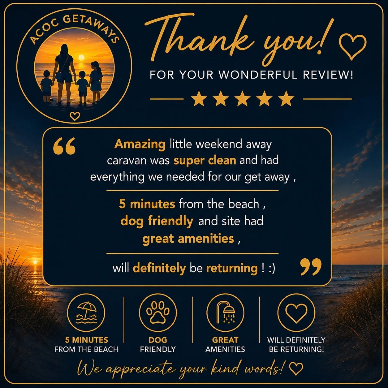 A thank you message for a positive review of Acoc Getaways, featuring a sunset scene with a silhouette of a woman and children on the beach, five star ratings, and icons indicating proximity to the beach, dog-friendly environment, great amenities, an