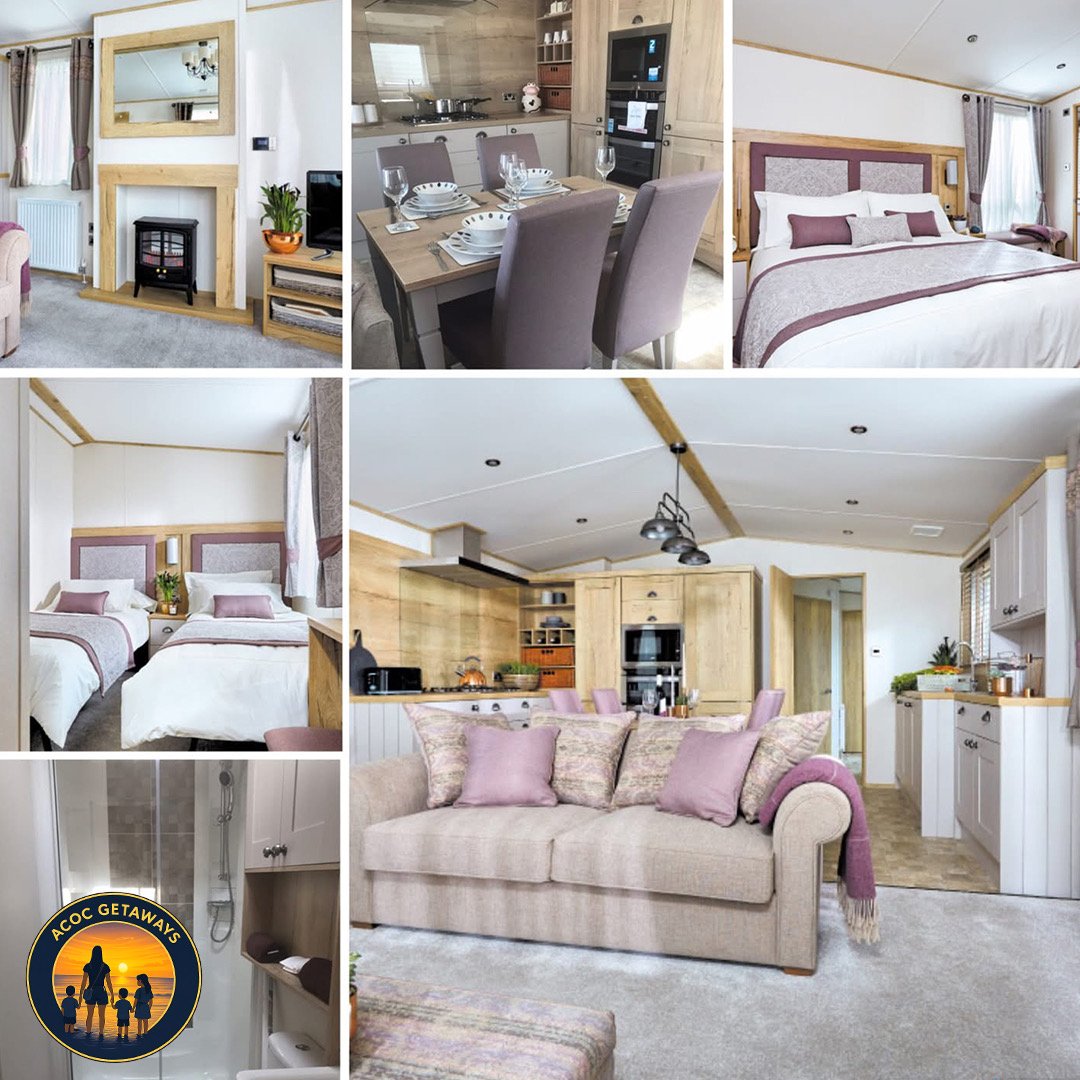 Collage of interior shots of a cozy, modern house featuring living room, kitchen, dining area, bedrooms, and bathroom with soft pastel accents and wooden details.