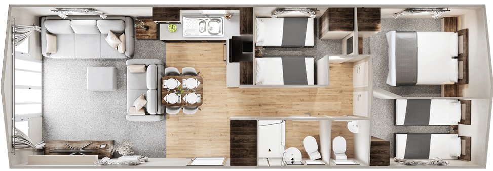 Top-down view of a furnished apartment with a living room, dining area, kitchen, bathroom, and multiple bedrooms with beds.