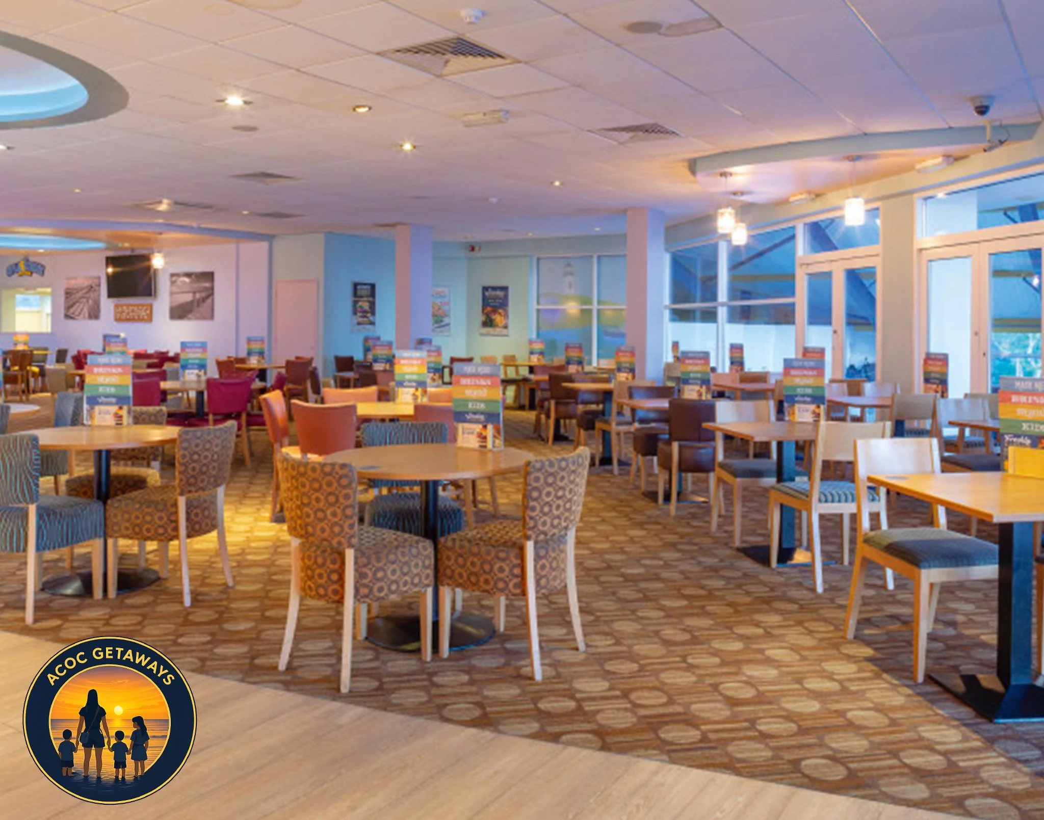 Empty restaurant or cafe with wooden tables and chairs, colorful table signs, large windows, and modern lighting fixtures.