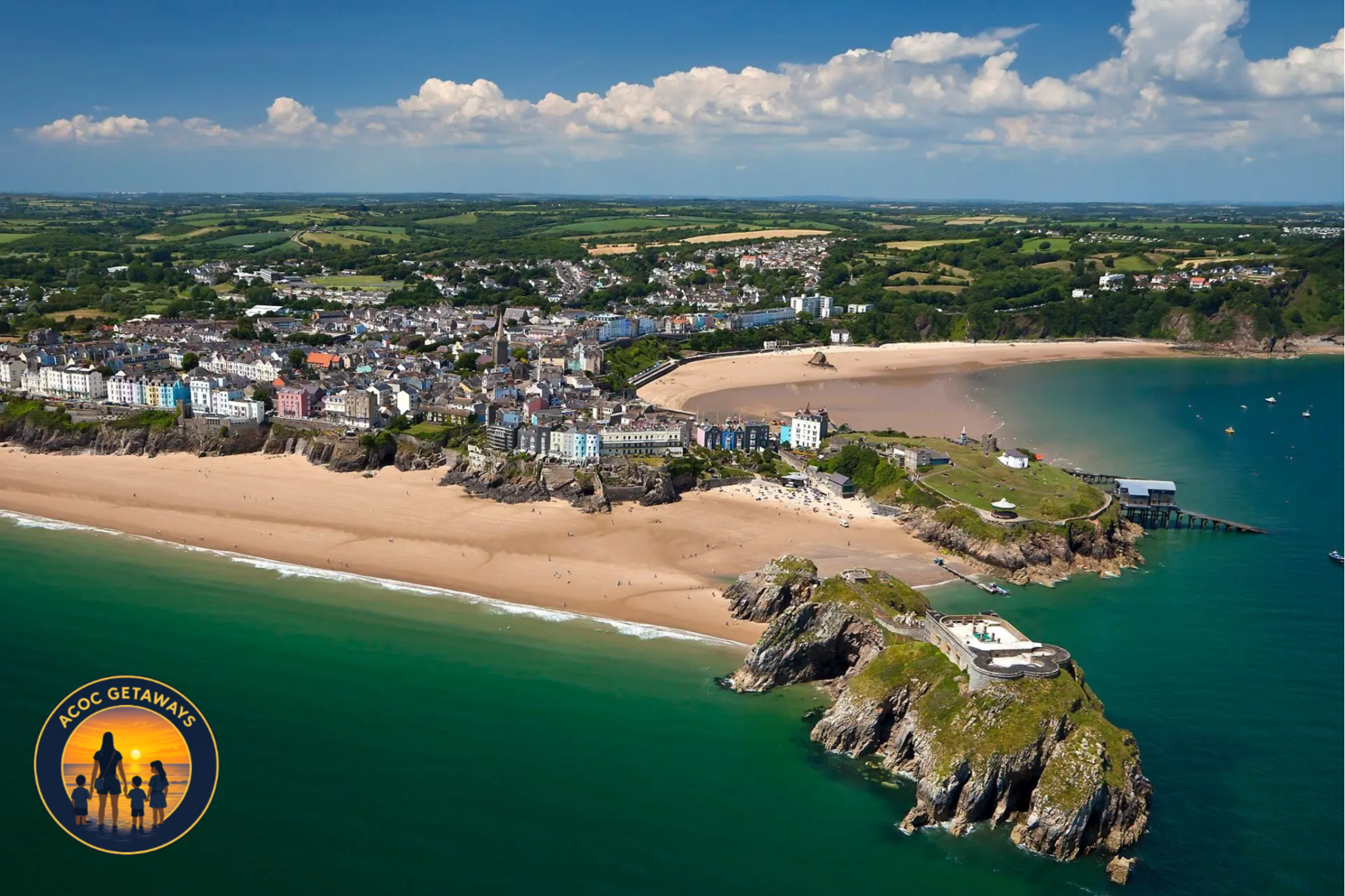 Aerial view of a seaside town with colorful buildings along a sandy beach and a curved bay, surrounded by green hills and open farmland under a blue sky with scattered clouds.