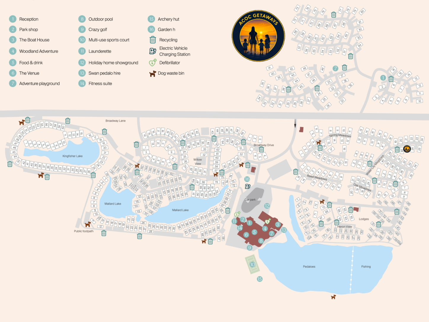 A detailed map of a resort with numerous amenities, lakes, and accommodations. Key locations include reception, park shop, boat house, woodland adventure, food and drink, venue, adventure playground, outdoor pool, crazy golf, sports court, laundry, holiday home showground, swan pedal boat hire, fitness suite, archery hut, garden h, recycling, electric vehicle charging, and dog waste bin. The map also features Kingfisher Lake, Mallard Lake, Pedaloes, and fishing areas, along with various lodges, a car park, and pathways connecting the sites.