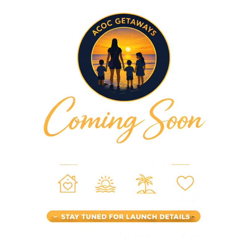 A scenic sunset with silhouettes of a woman and four children at the beach, representing a family getaway.