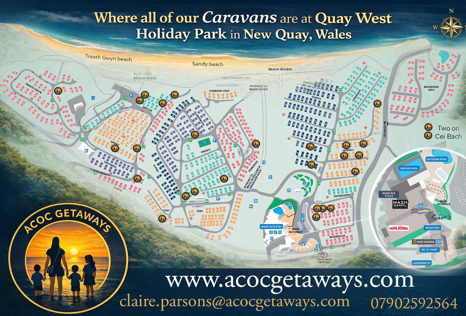 Map of Quay West Holiday Park in New Quay, Wales, showing caravan locations, beach access points, main facilities, and recreational areas, with an inset of the park's entertainment and amenities area.