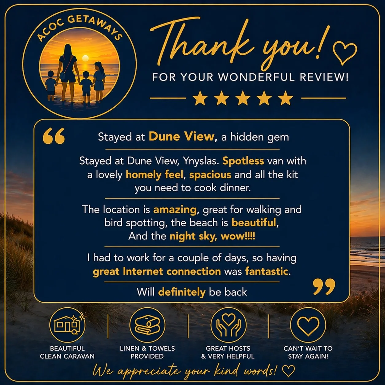 A thank you message for a positive review of a vacation stay at Dune View, Ynyslas, with photos of a sunset beach scene and icons representing a clean caravan, linens and towels, friendly hosts, and a welcoming atmosphere.